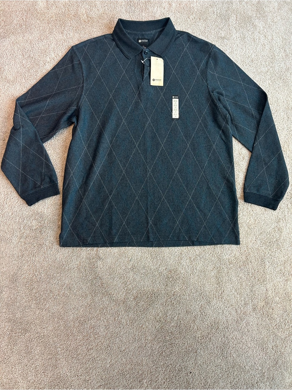 Haggar Men’s Long Sleeve Polo Shirt NWT Large Charcoal Argyle Cotton Blend - Picture 2 of 10